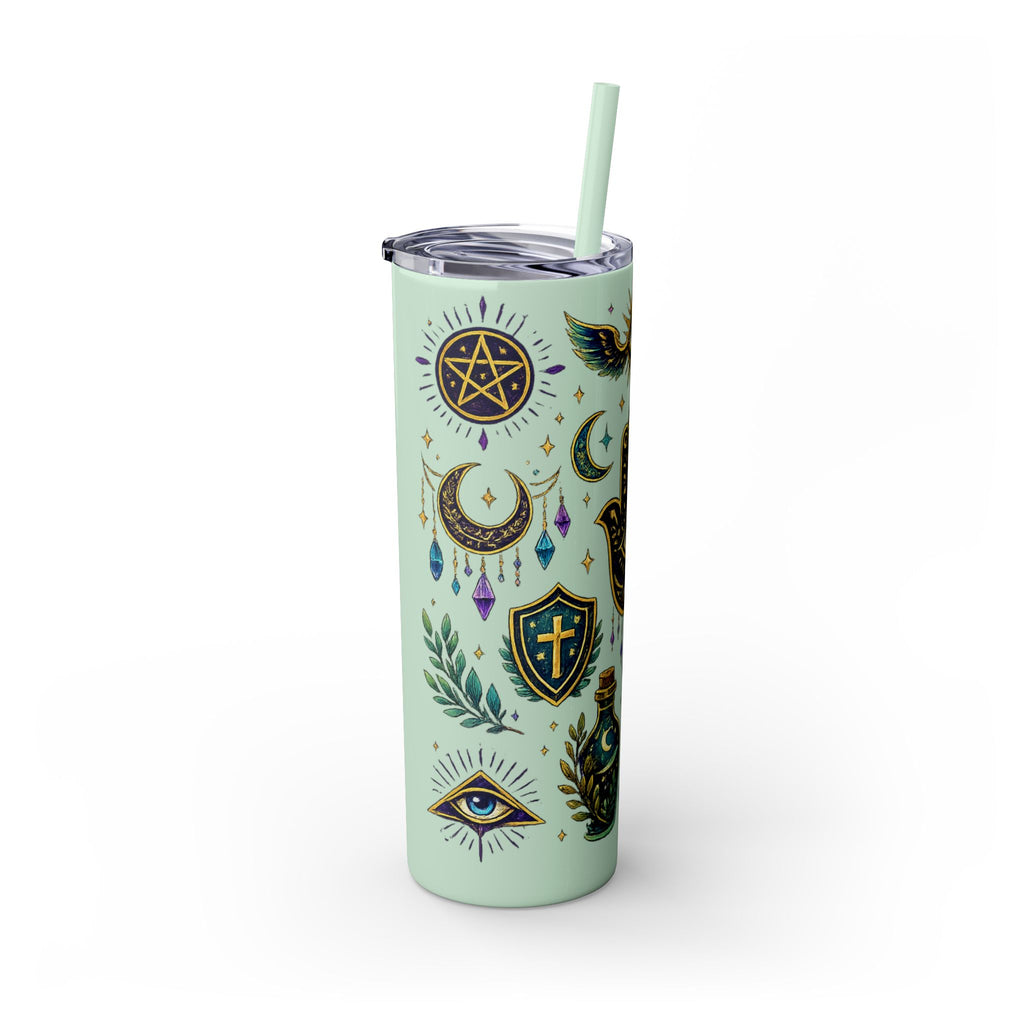 Mystic Symbols 20oz Skinny Tumbler with Straw — Hamsa, All-Seeing Eye & Moon