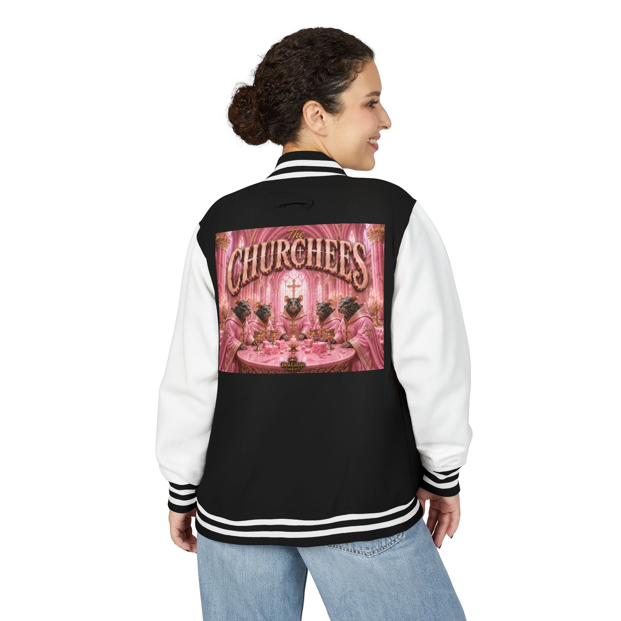 Letterman Jacket — Pink 'Churchees' Vintage Dinner Graphic