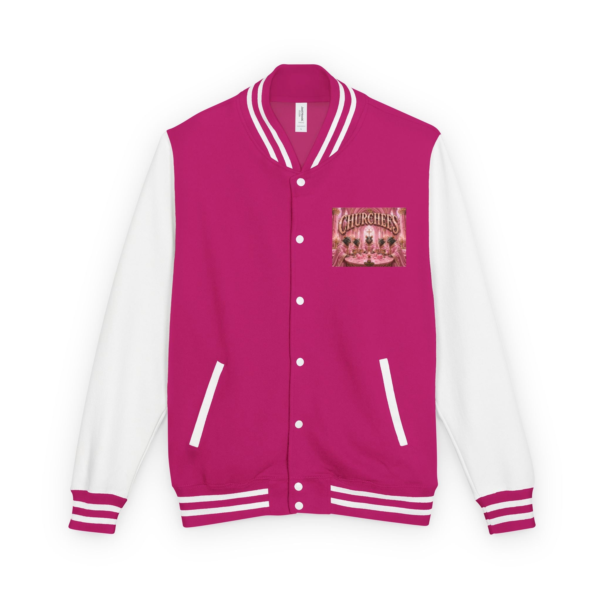 Letterman Jacket — Pink 'Churchees' Vintage Dinner Graphic
