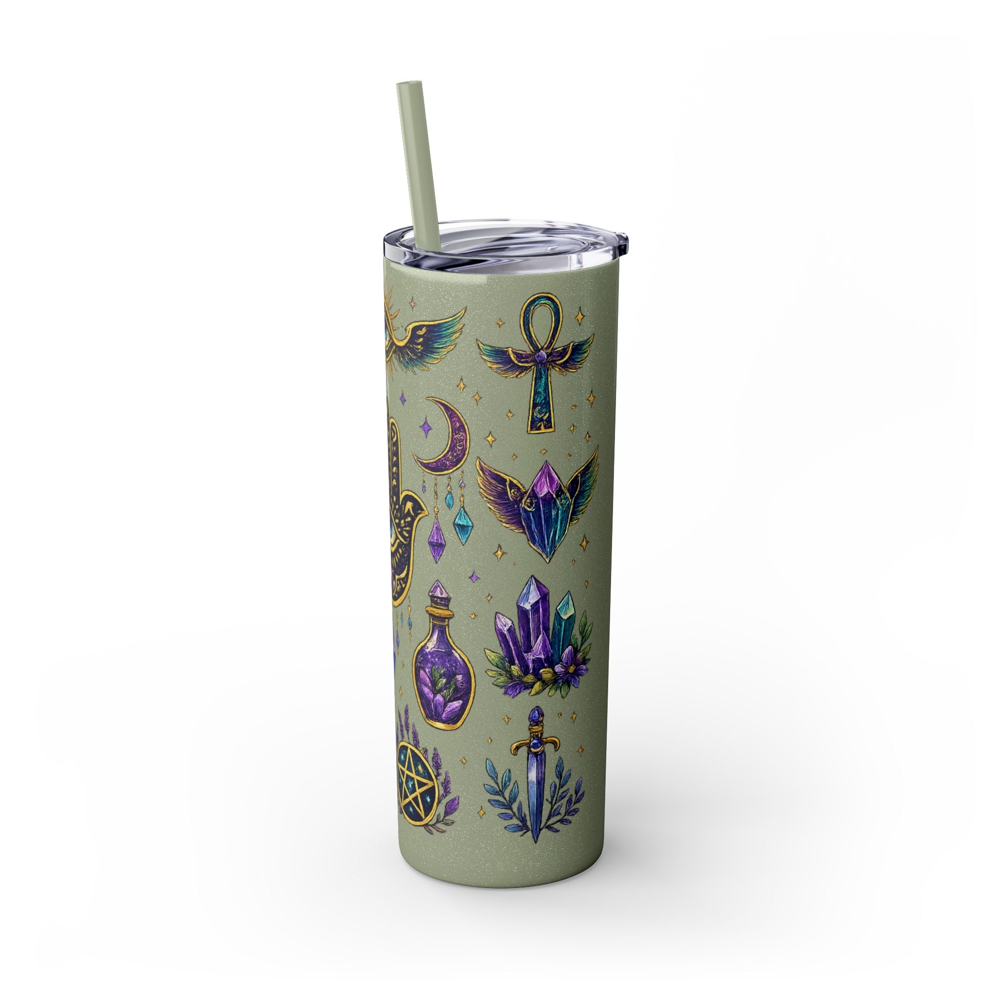 Mystic Symbols 20oz Skinny Tumbler with Straw — Hamsa, All-Seeing Eye & Moon