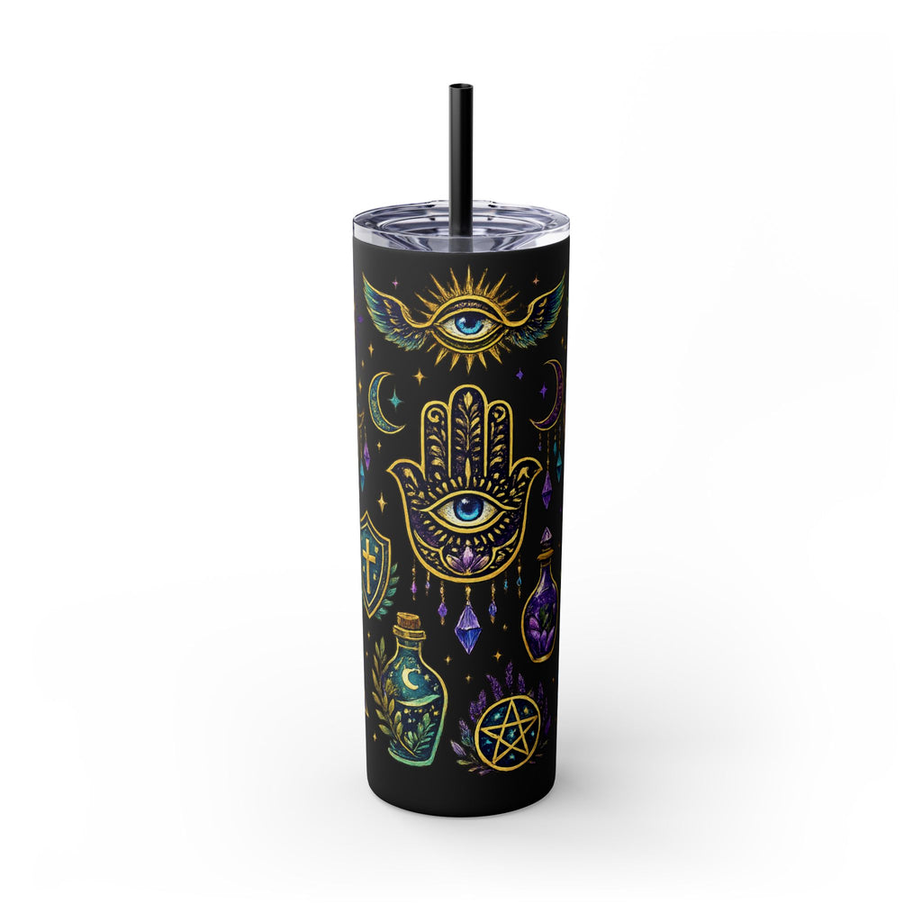 Mystic Symbols 20oz Skinny Tumbler with Straw — Hamsa, All-Seeing Eye & Moon