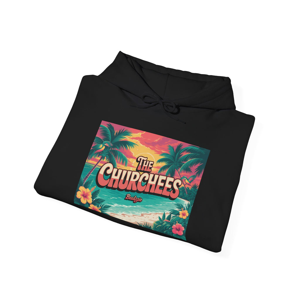 The Churchees Tropical Beach Hoodie – Retro Palm Sunset Graphic Sweatshirt