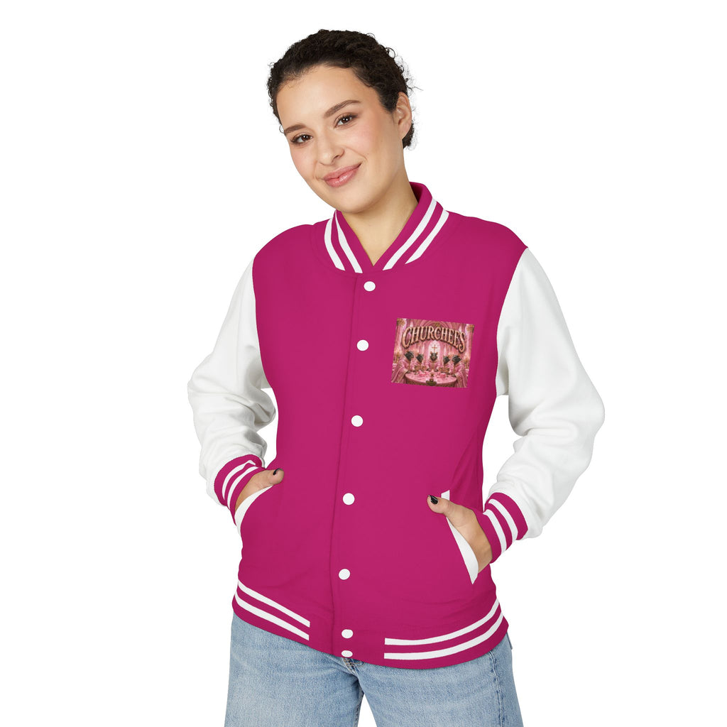Letterman Jacket — Pink 'Churchees' Vintage Dinner Graphic