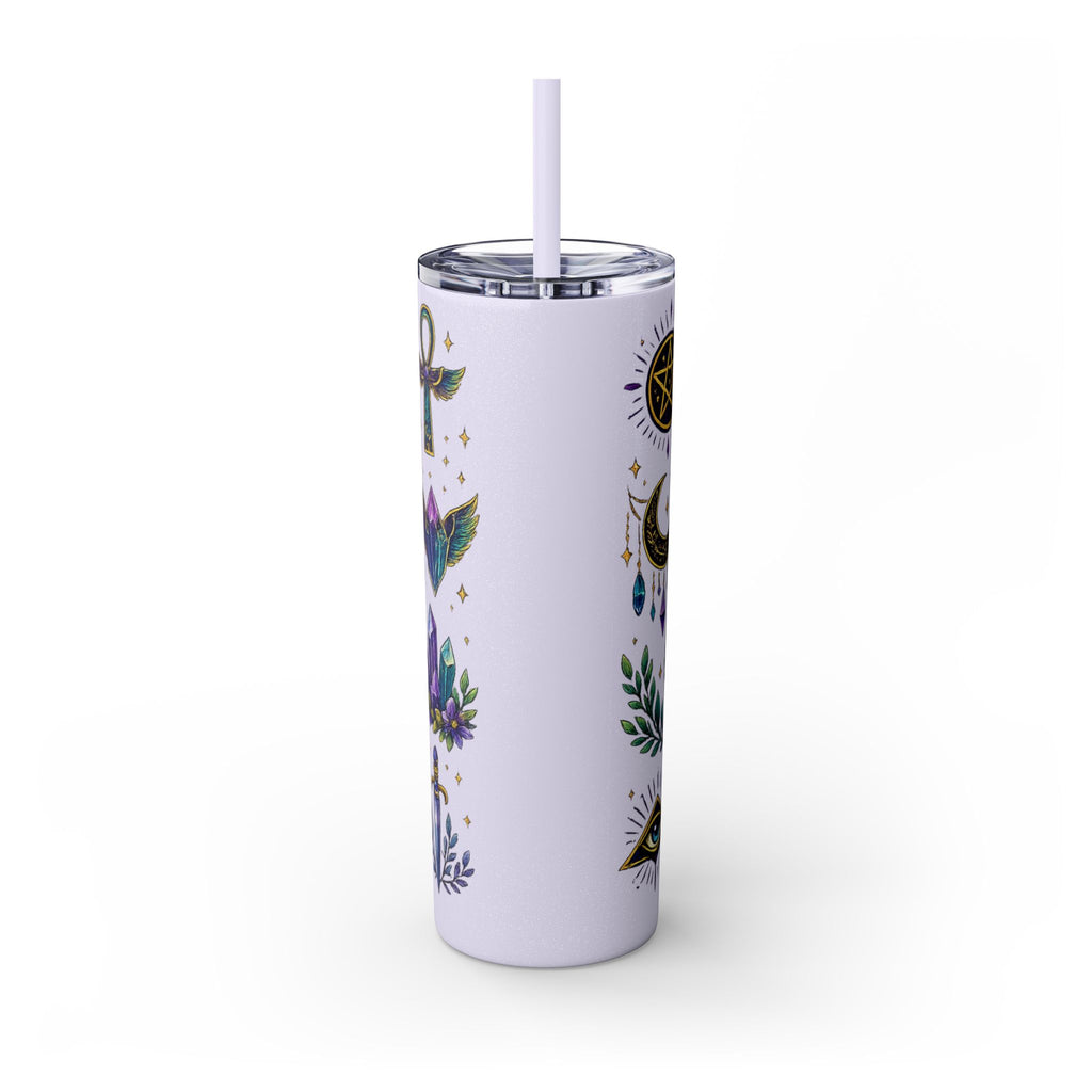 Mystic Symbols 20oz Skinny Tumbler with Straw — Hamsa, All-Seeing Eye & Moon