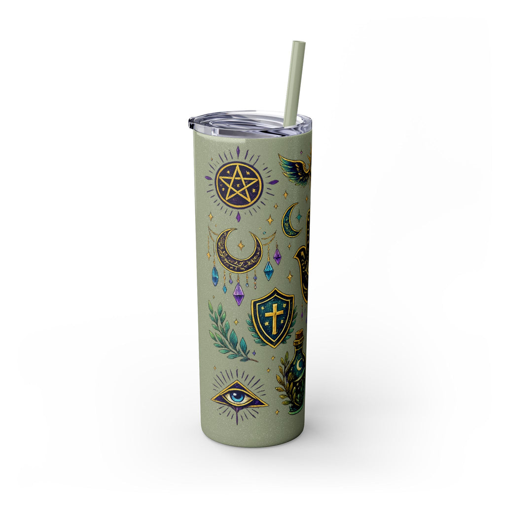 Mystic Symbols 20oz Skinny Tumbler with Straw — Hamsa, All-Seeing Eye & Moon