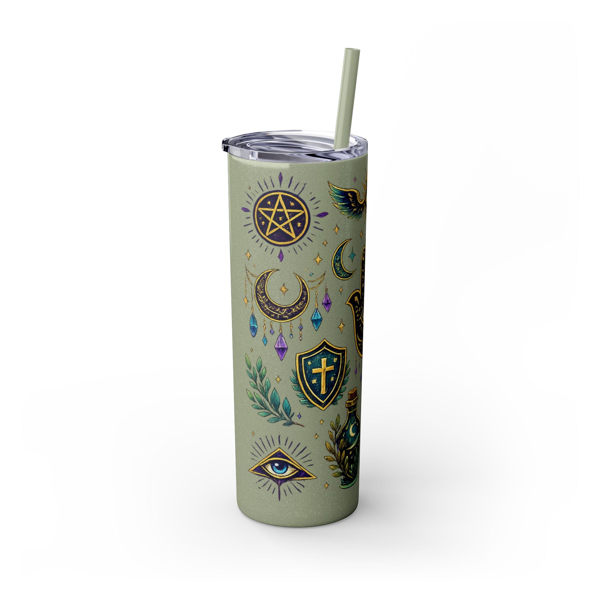 Mystic Symbols 20oz Skinny Tumbler with Straw — Hamsa, All-Seeing Eye & Moon