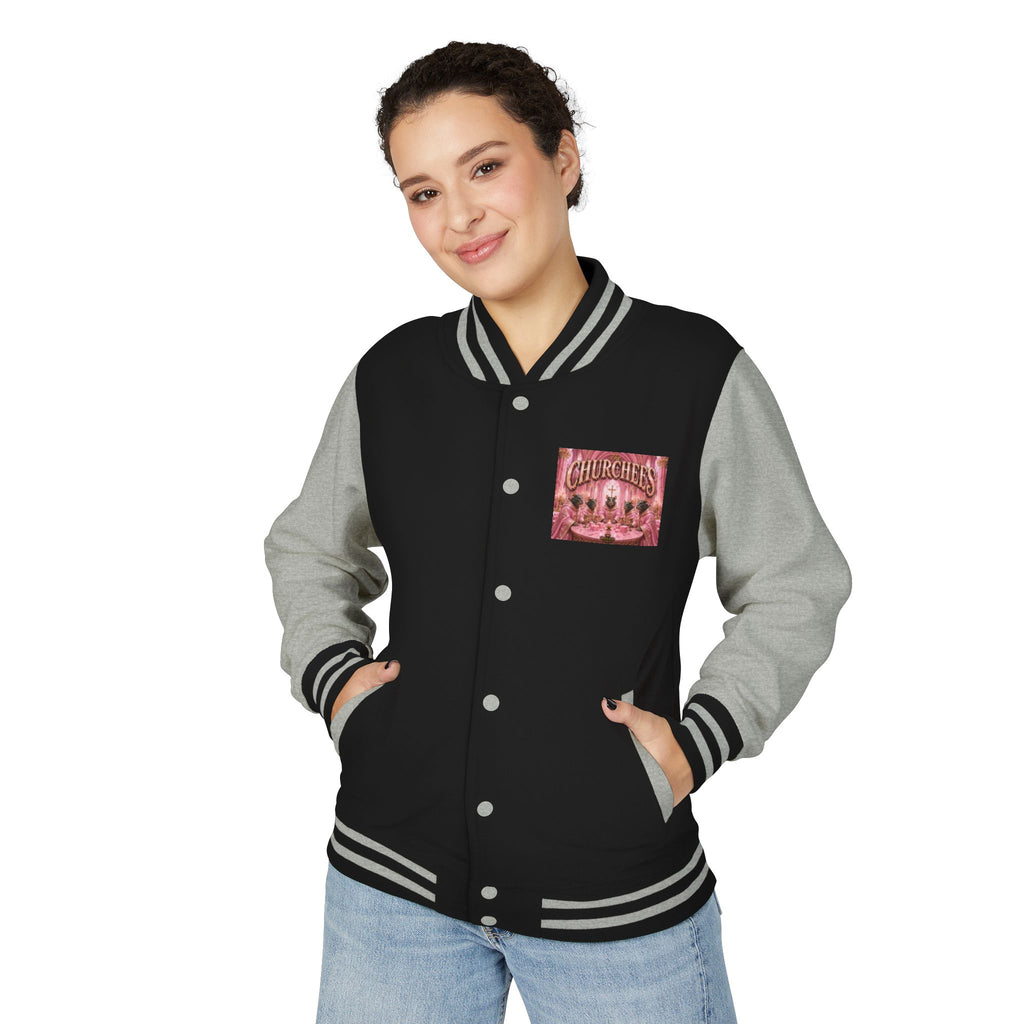 Letterman Jacket — Pink 'Churchees' Vintage Dinner Graphic