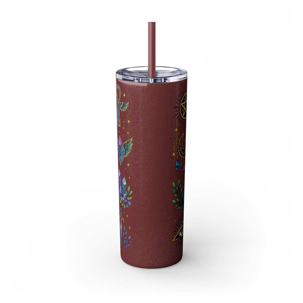 Mystic Symbols 20oz Skinny Tumbler with Straw — Hamsa, All-Seeing Eye & Moon