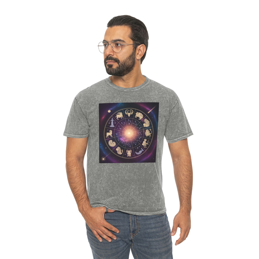 Zodiac Wheel Mineral Wash T-Shirt — Cosmic Astrology Signs Tee