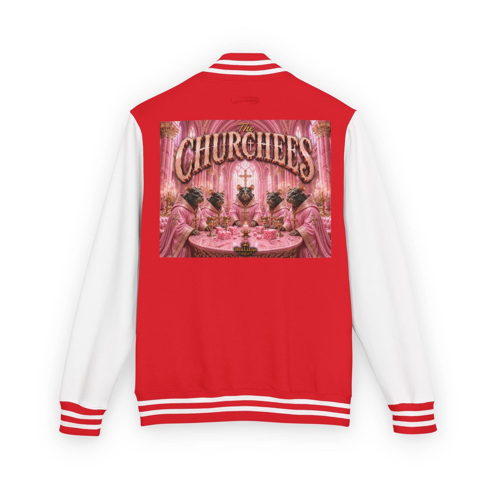 Letterman Jacket — Pink 'Churchees' Vintage Dinner Graphic