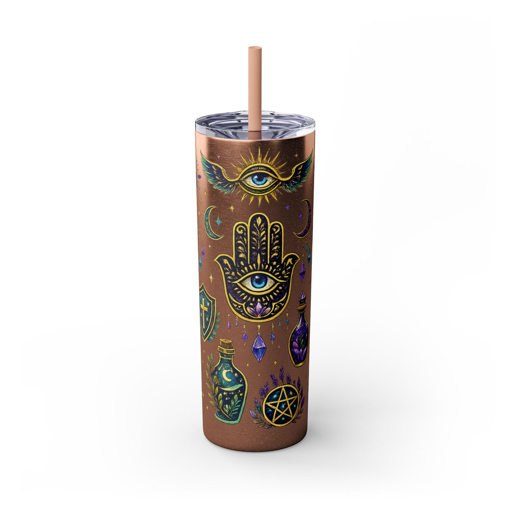 Mystic Symbols 20oz Skinny Tumbler with Straw — Hamsa, All-Seeing Eye & Moon