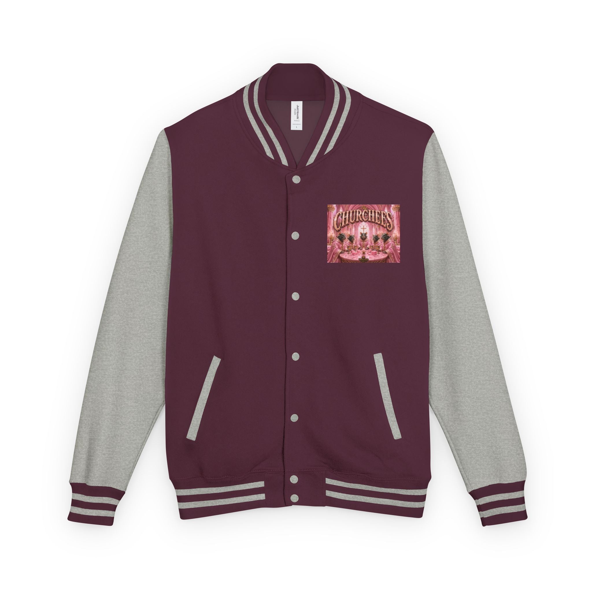 Letterman Jacket — Pink 'Churchees' Vintage Dinner Graphic