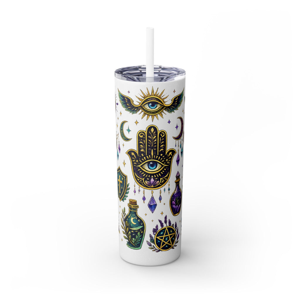 Mystic Symbols 20oz Skinny Tumbler with Straw — Hamsa, All-Seeing Eye & Moon