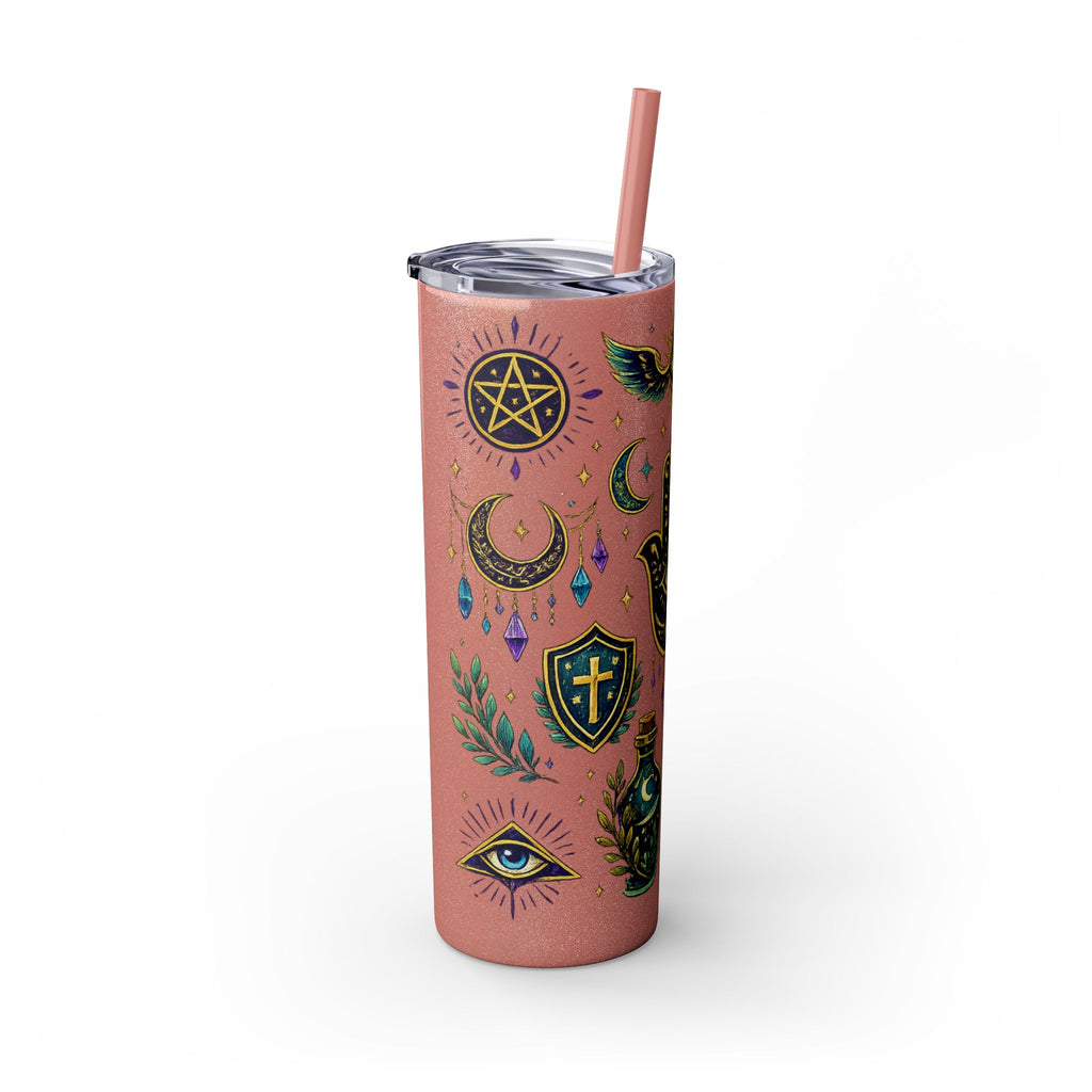 Mystic Symbols 20oz Skinny Tumbler with Straw — Hamsa, All-Seeing Eye & Moon