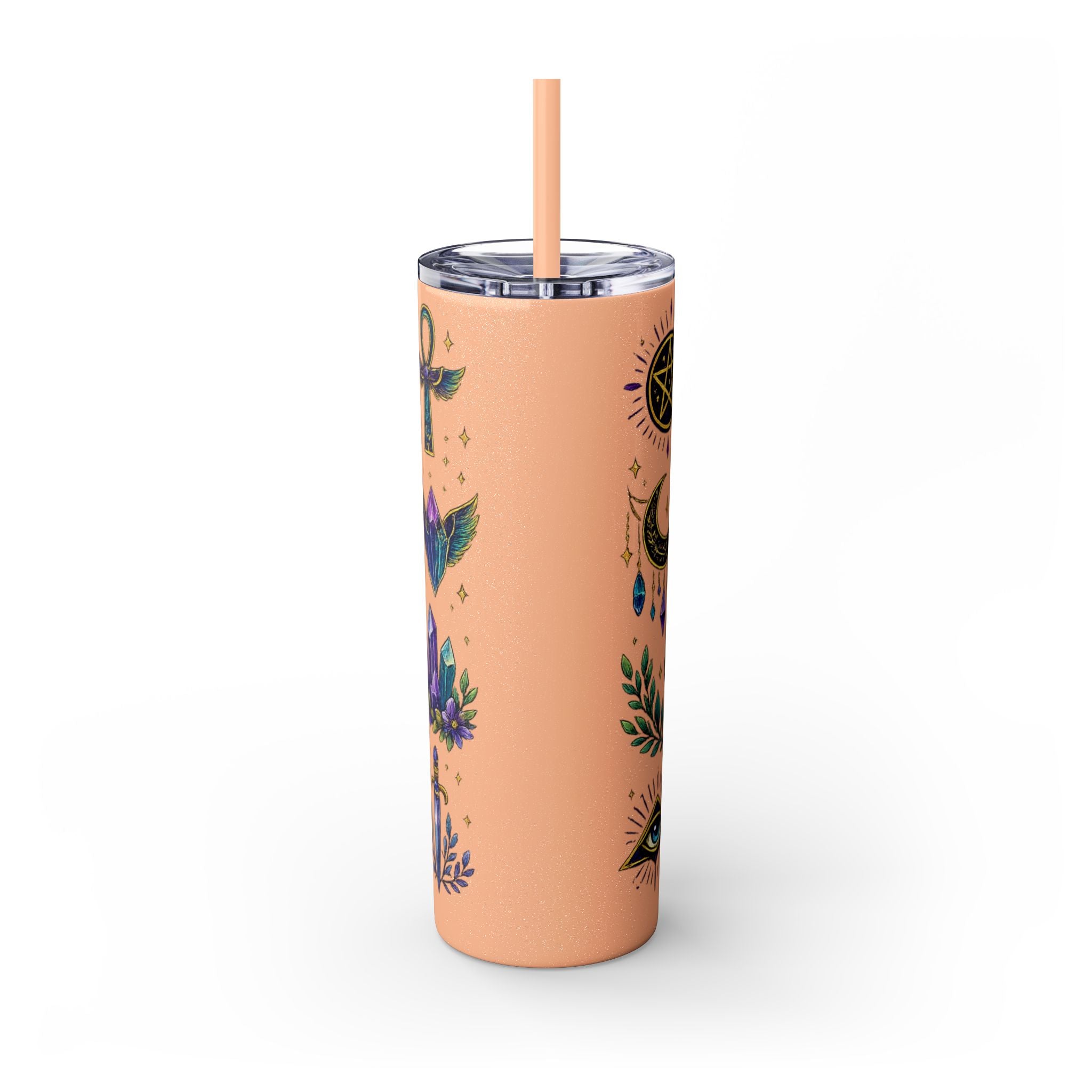 Mystic Symbols 20oz Skinny Tumbler with Straw — Hamsa, All-Seeing Eye & Moon