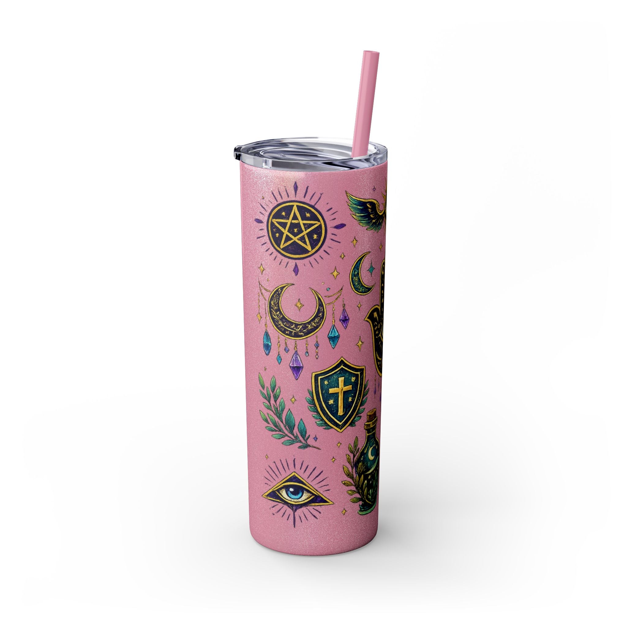 Mystic Symbols 20oz Skinny Tumbler with Straw — Hamsa, All-Seeing Eye & Moon