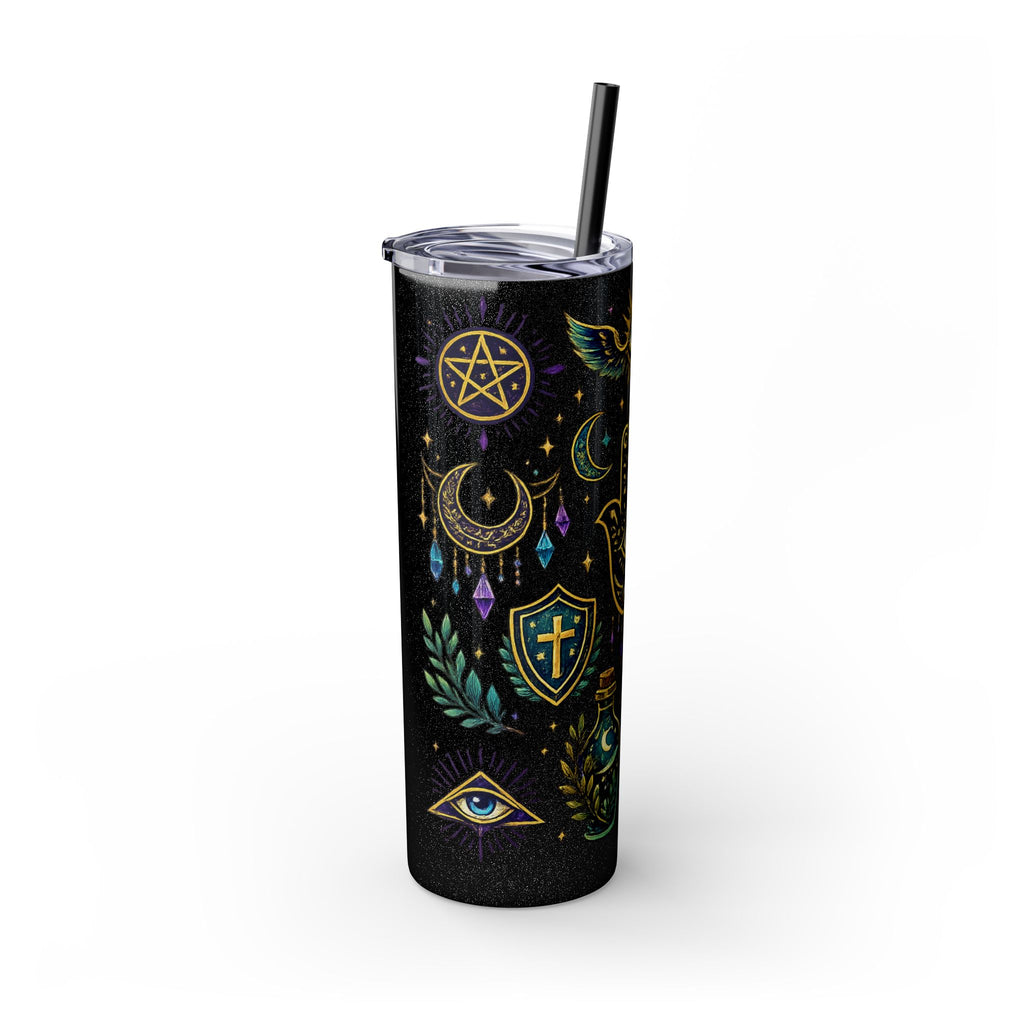 Mystic Symbols 20oz Skinny Tumbler with Straw — Hamsa, All-Seeing Eye & Moon