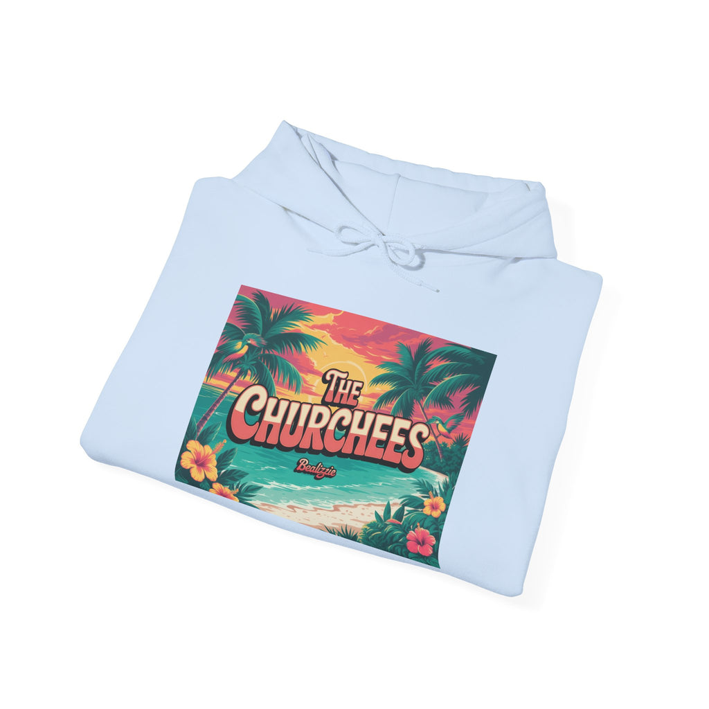 The Churchees Tropical Beach Hoodie – Retro Palm Sunset Graphic Sweatshirt