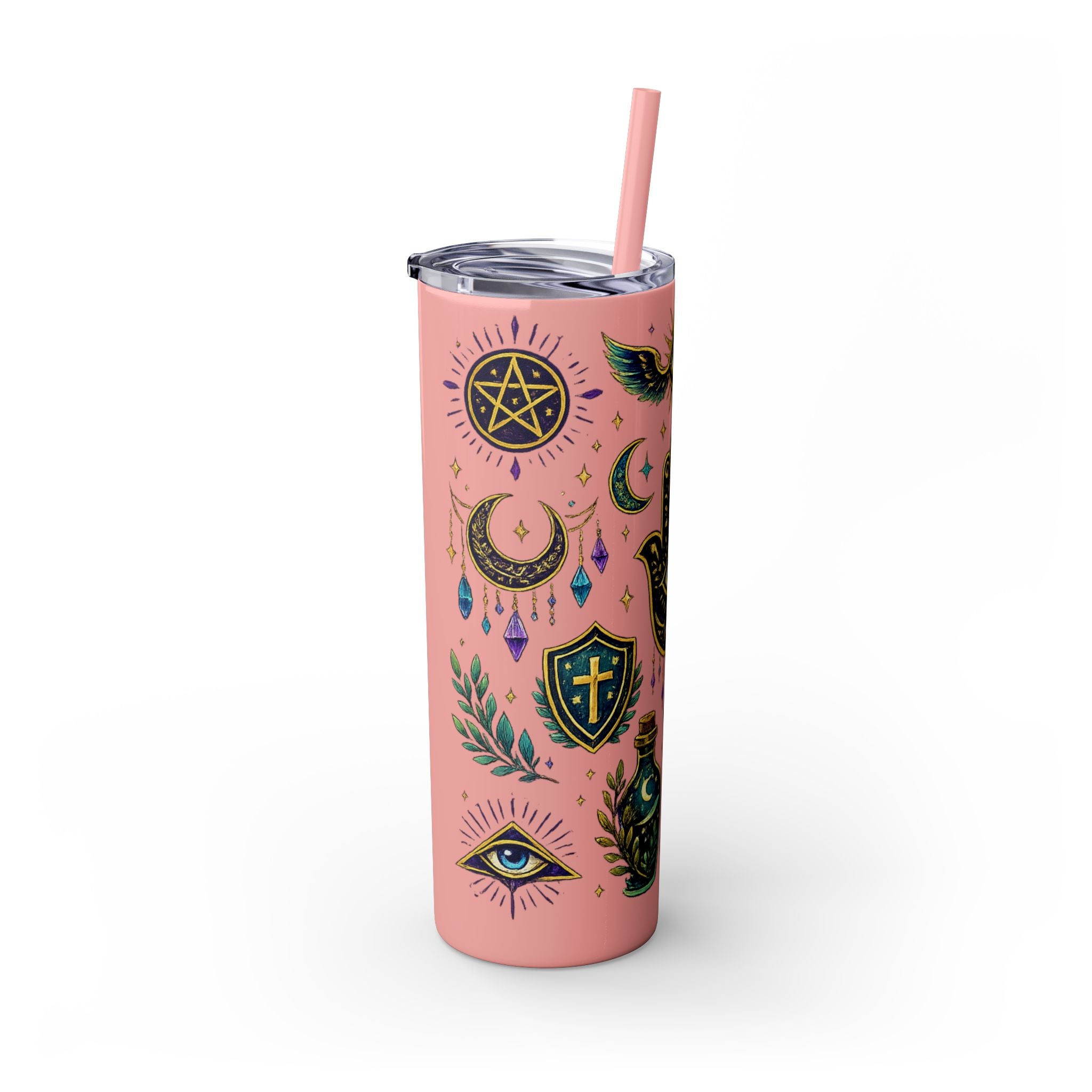 Mystic Symbols 20oz Skinny Tumbler with Straw — Hamsa, All-Seeing Eye & Moon