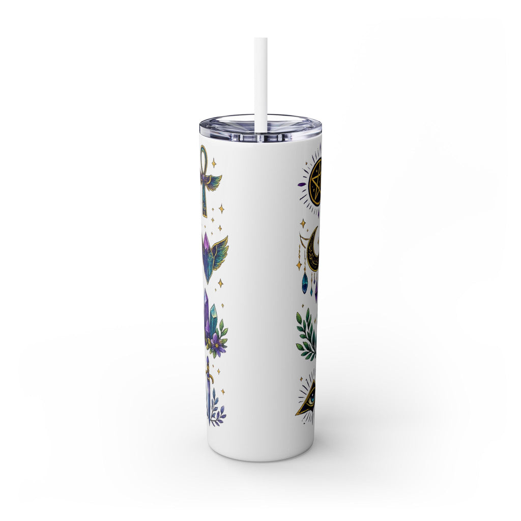 Mystic Symbols 20oz Skinny Tumbler with Straw — Hamsa, All-Seeing Eye & Moon
