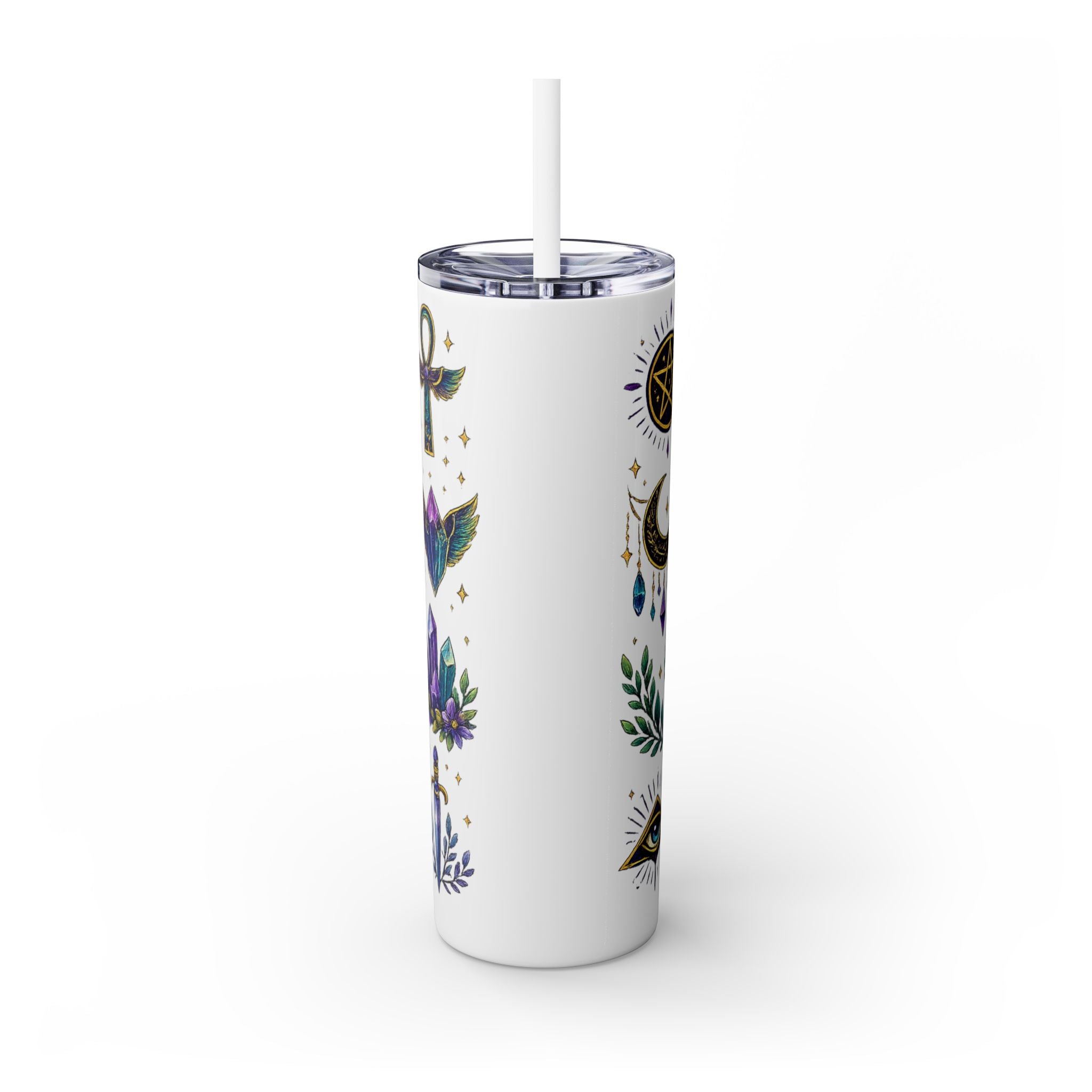 Mystic Symbols 20oz Skinny Tumbler with Straw — Hamsa, All-Seeing Eye & Moon