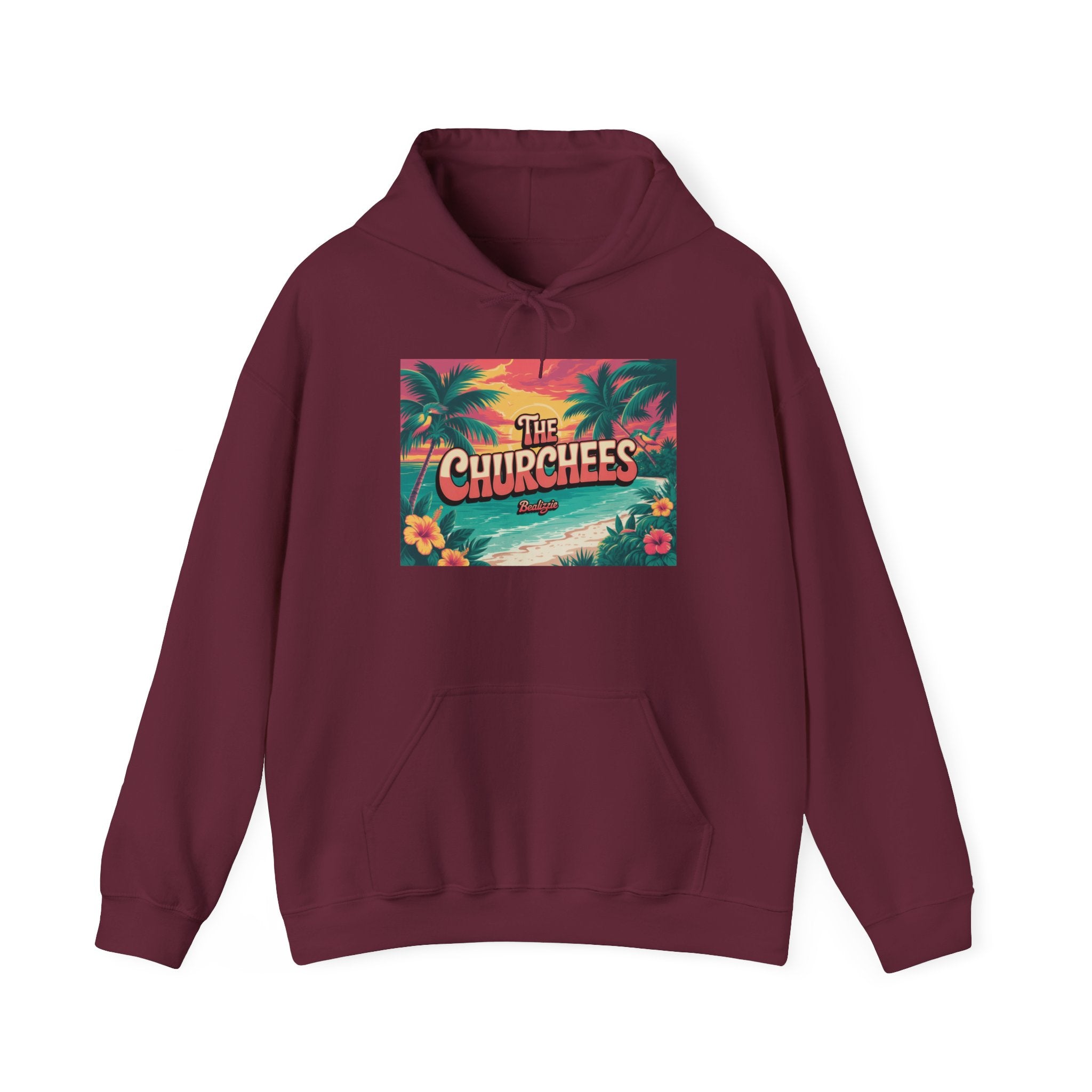 The Churchees Tropical Beach Hoodie – Retro Palm Sunset Graphic Sweatshirt