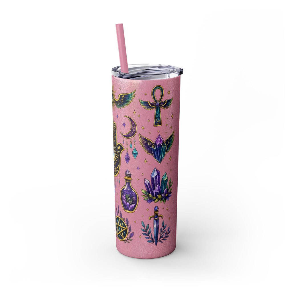 Mystic Symbols 20oz Skinny Tumbler with Straw — Hamsa, All-Seeing Eye & Moon