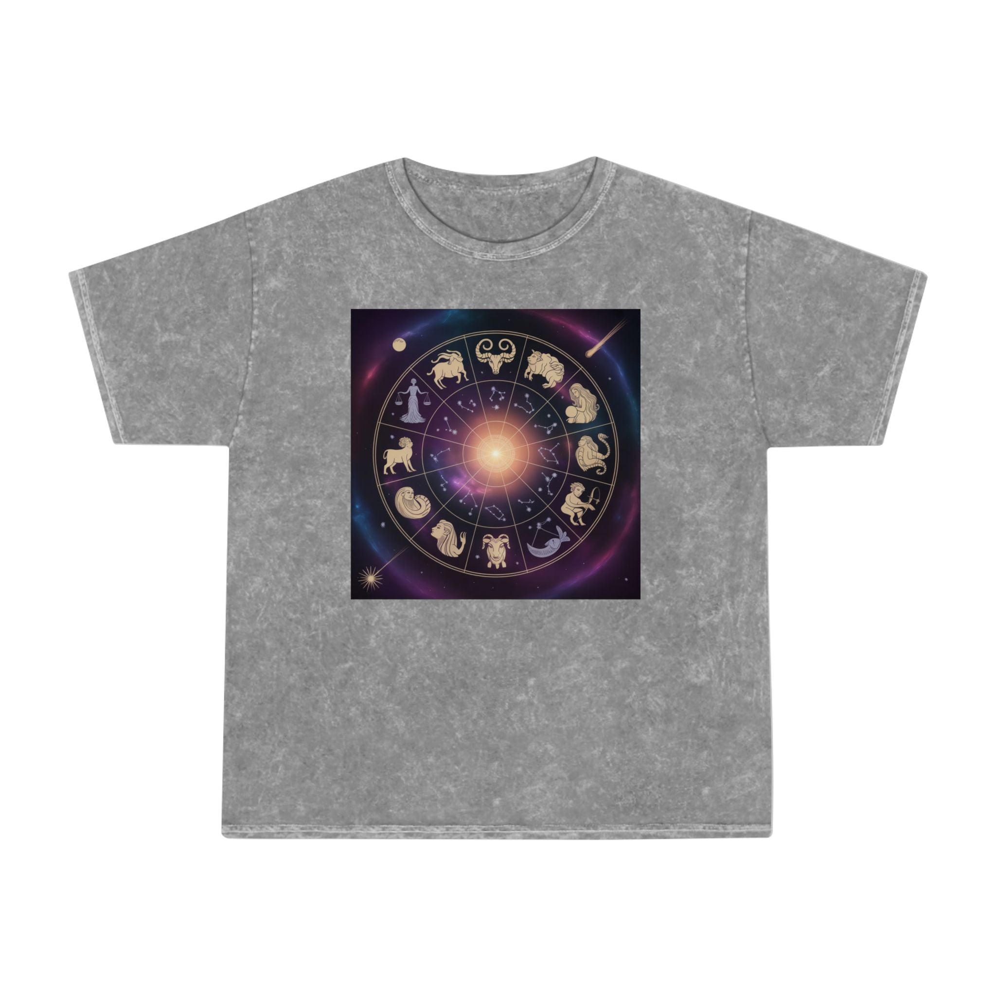 Zodiac Wheel Mineral Wash T-Shirt — Cosmic Astrology Signs Tee