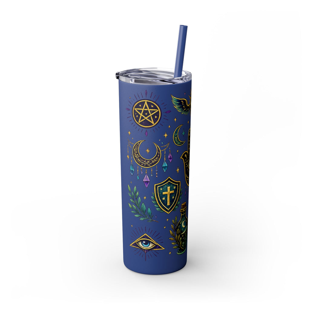 Mystic Symbols 20oz Skinny Tumbler with Straw — Hamsa, All-Seeing Eye & Moon