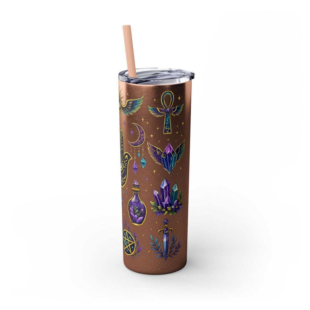 Mystic Symbols 20oz Skinny Tumbler with Straw — Hamsa, All-Seeing Eye & Moon