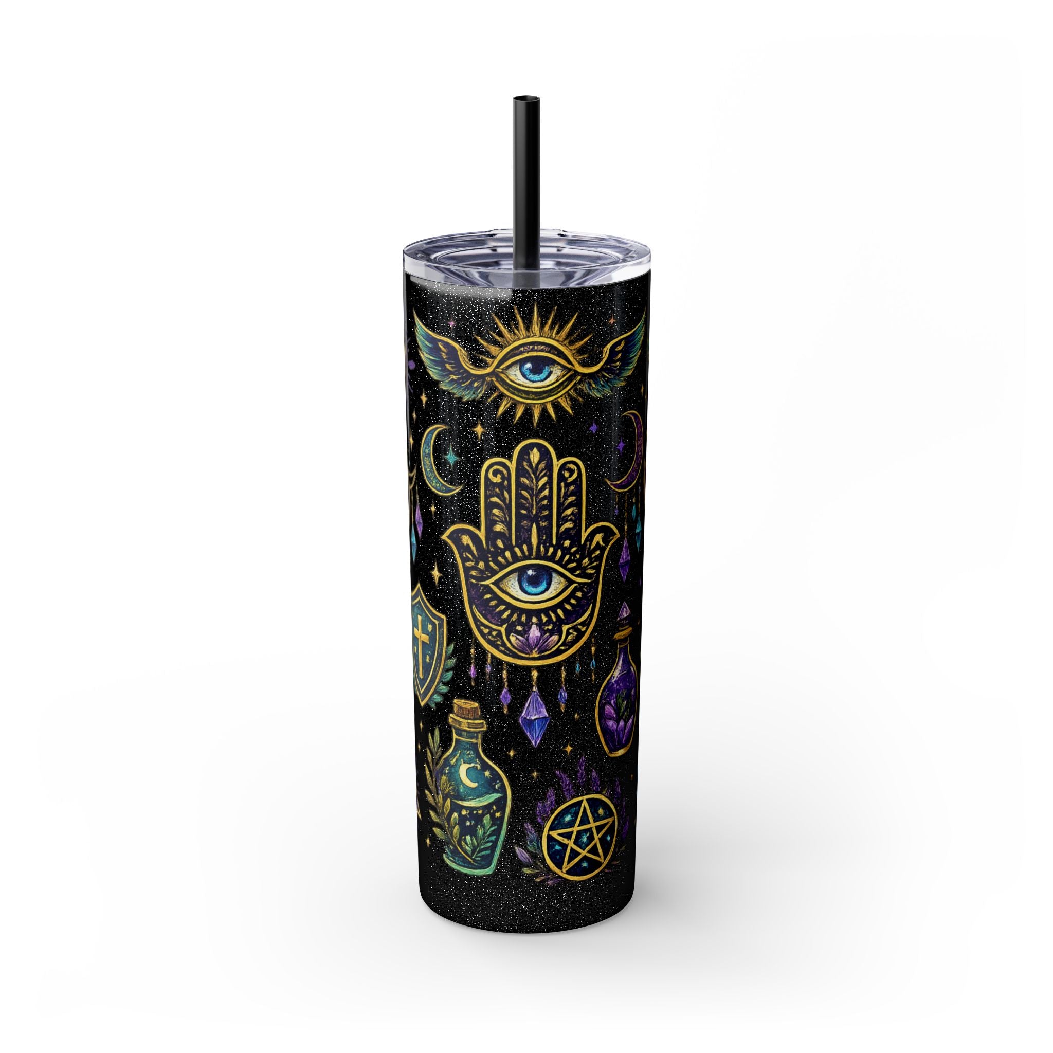 Mystic Symbols 20oz Skinny Tumbler with Straw — Hamsa, All-Seeing Eye & Moon