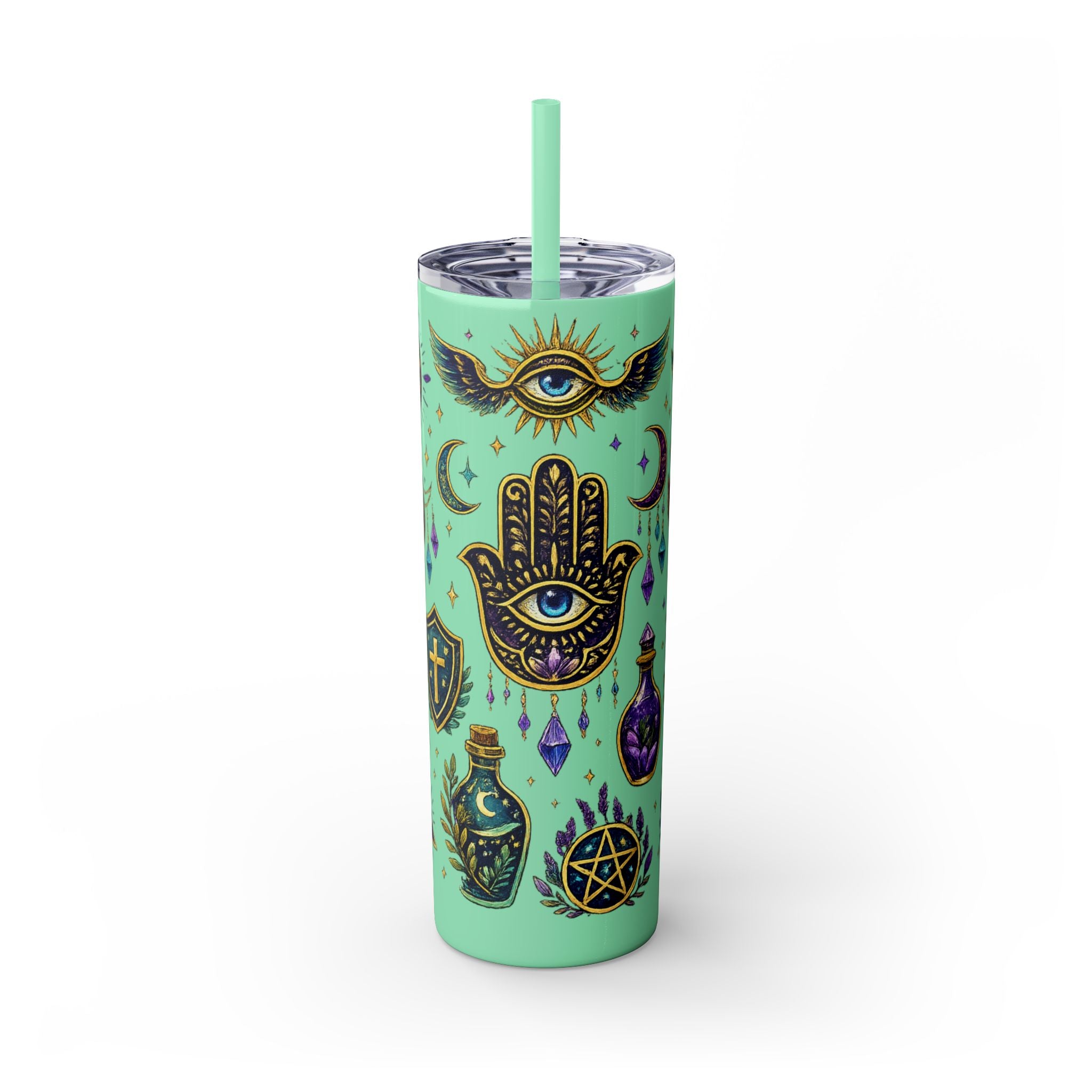 Mystic Symbols 20oz Skinny Tumbler with Straw — Hamsa, All-Seeing Eye & Moon