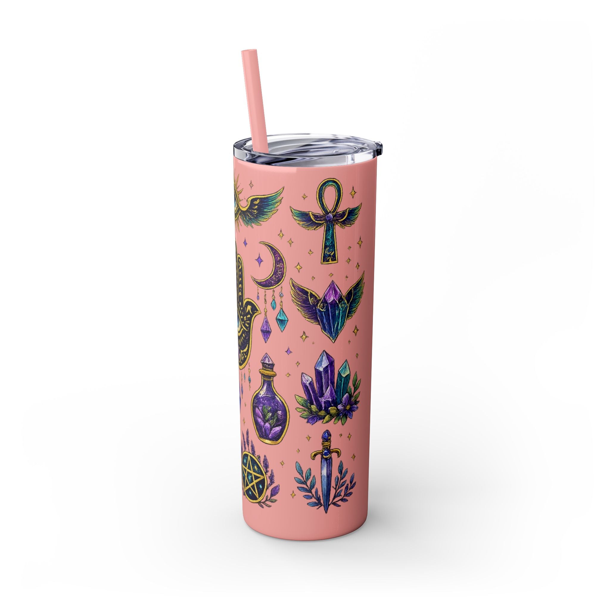 Mystic Symbols 20oz Skinny Tumbler with Straw — Hamsa, All-Seeing Eye & Moon