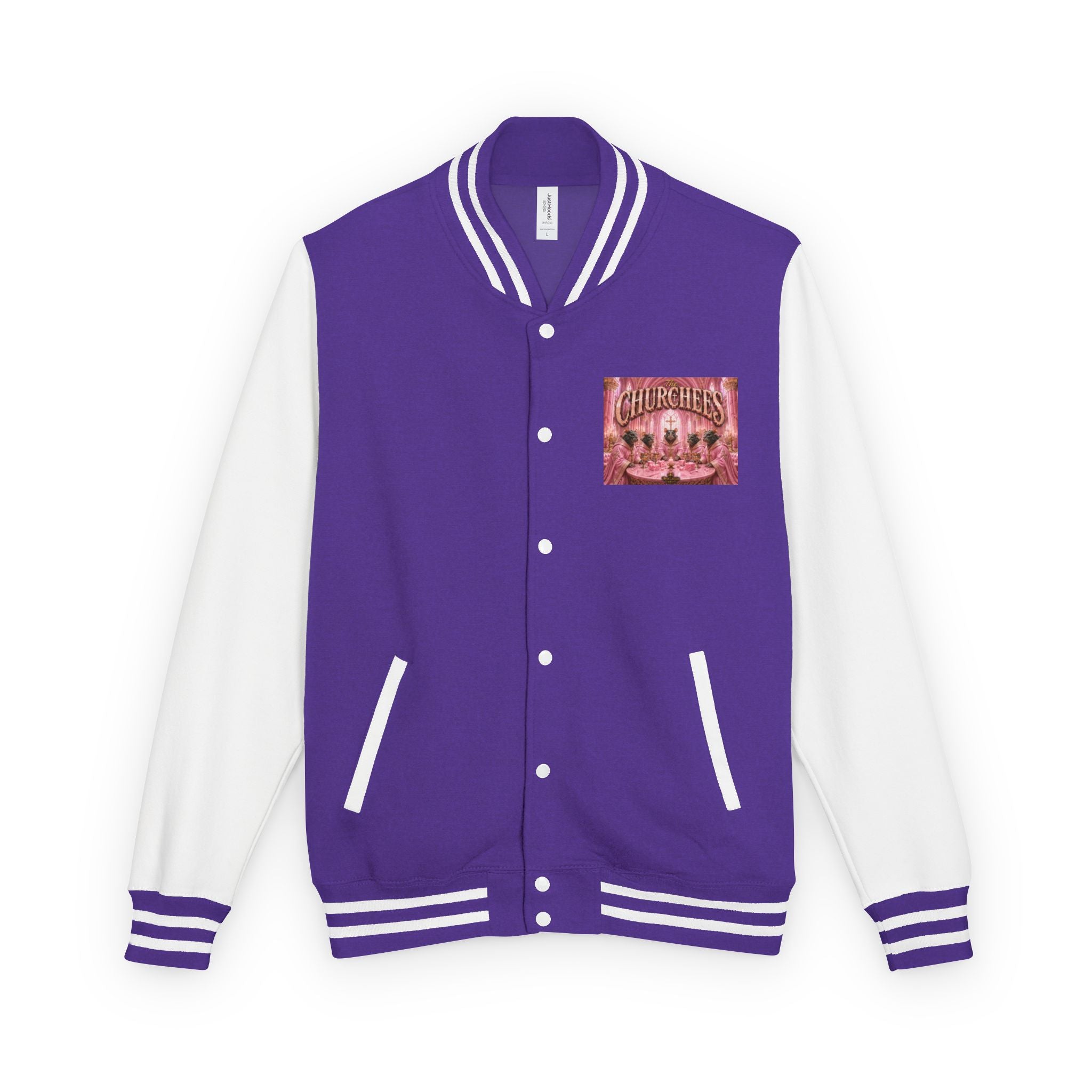 Letterman Jacket — Pink 'Churchees' Vintage Dinner Graphic