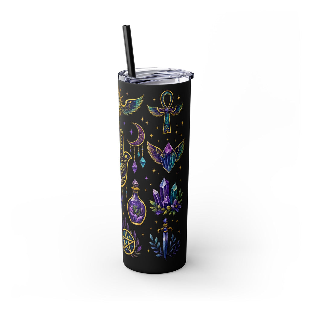 Mystic Symbols 20oz Skinny Tumbler with Straw — Hamsa, All-Seeing Eye & Moon