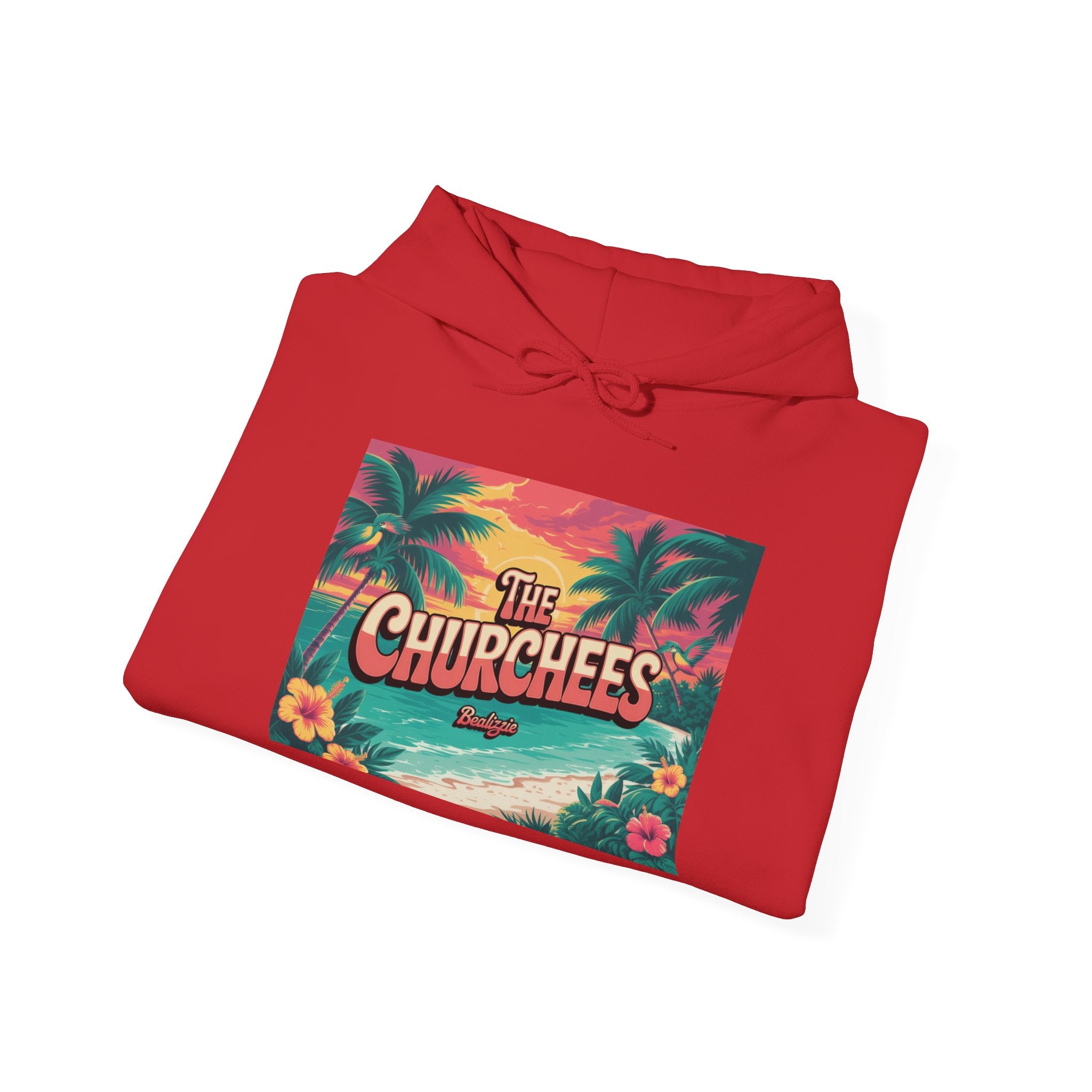 The Churchees Tropical Beach Hoodie – Retro Palm Sunset Graphic Sweatshirt