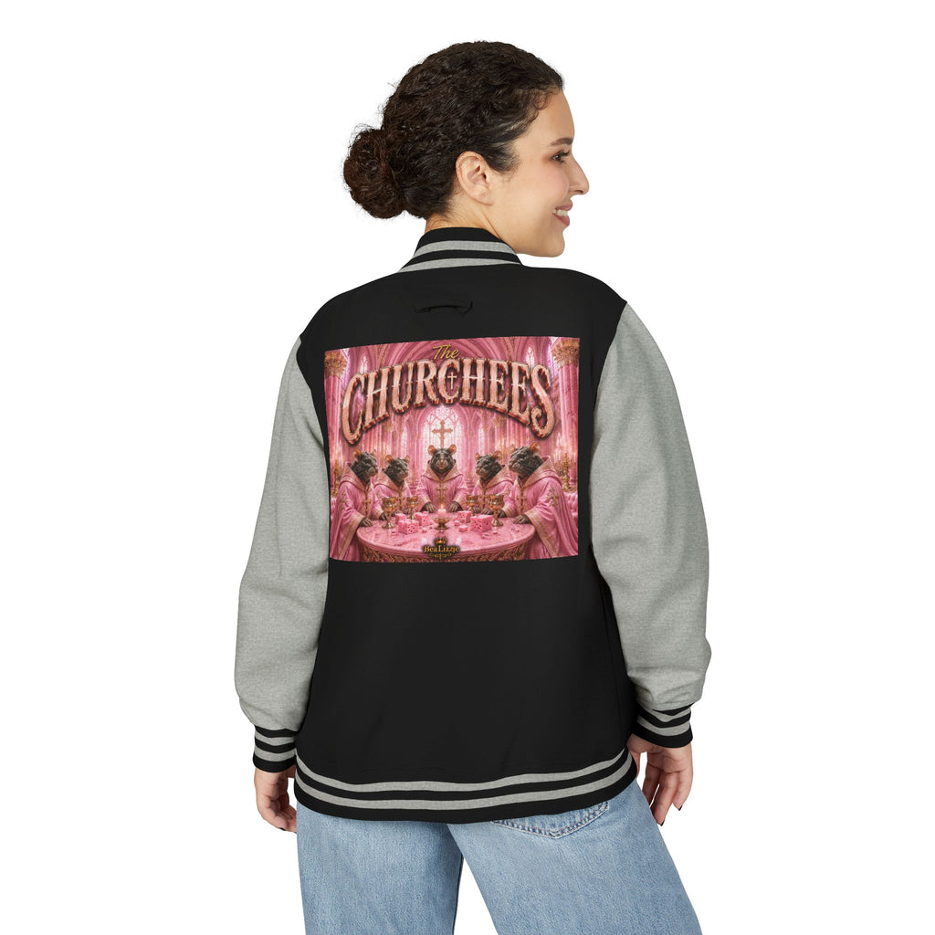 Letterman Jacket — Pink 'Churchees' Vintage Dinner Graphic