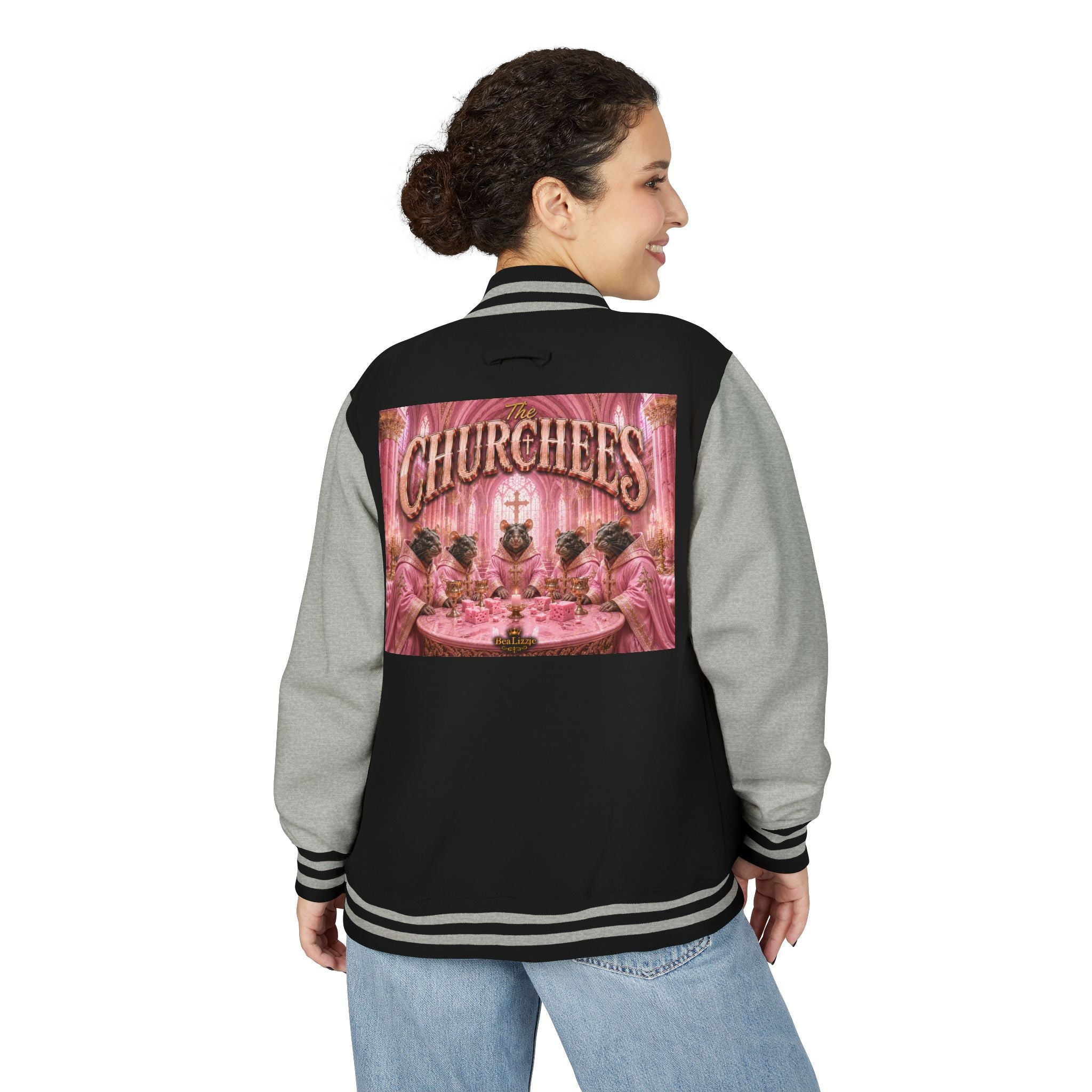 Letterman Jacket — Pink 'Churchees' Vintage Dinner Graphic