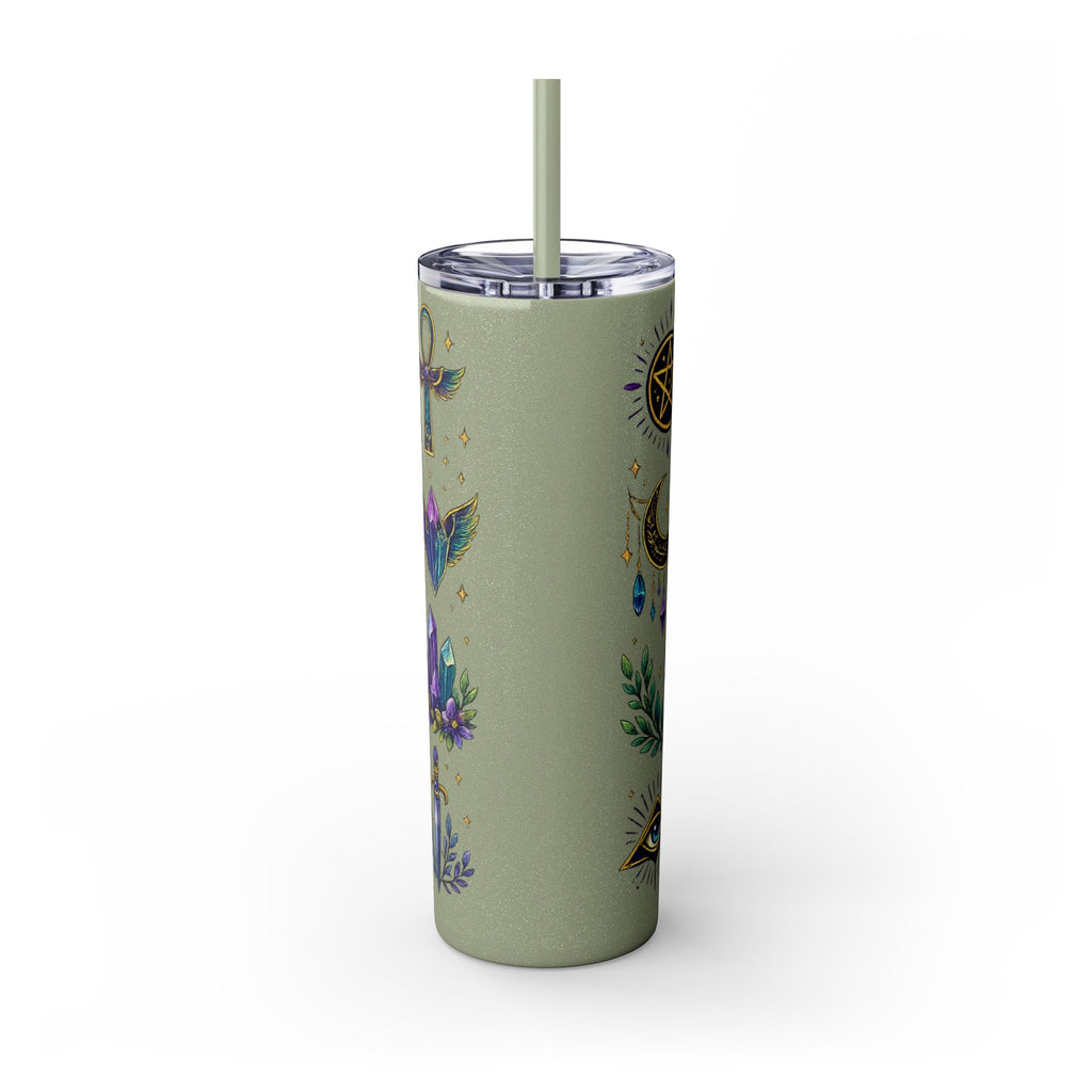 Mystic Symbols 20oz Skinny Tumbler with Straw — Hamsa, All-Seeing Eye & Moon