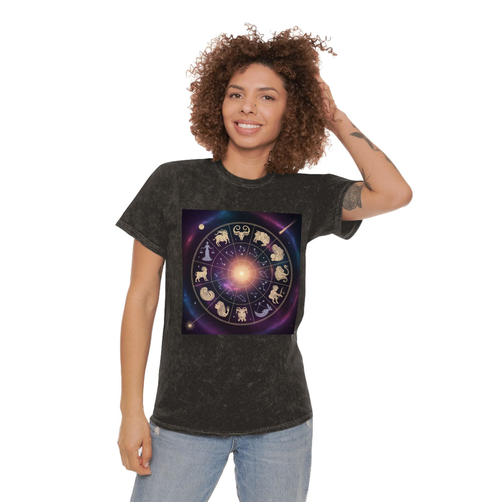 Zodiac Wheel Mineral Wash T-Shirt — Cosmic Astrology Signs Tee