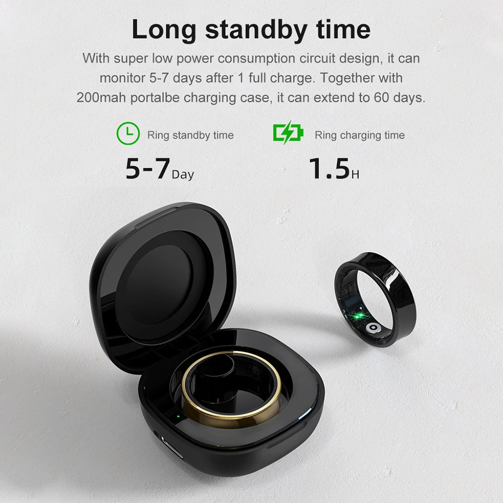 R09 Smart Ring Waterproof 5ATM Health Fitness Rings Heart Rate Blood Oxygen Sleep Monitoring with Charging Case for IOS Android